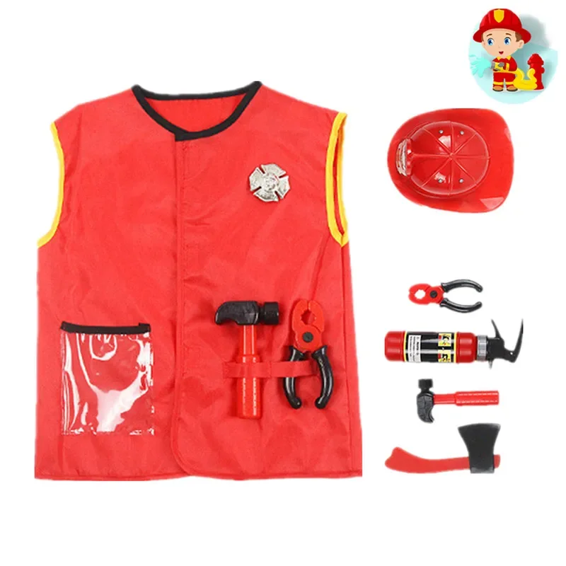 Kids Firefighter Costume Construction Worker Costume Cosplay Dress-up Toy Set with Tools Helmet and Hat Gift