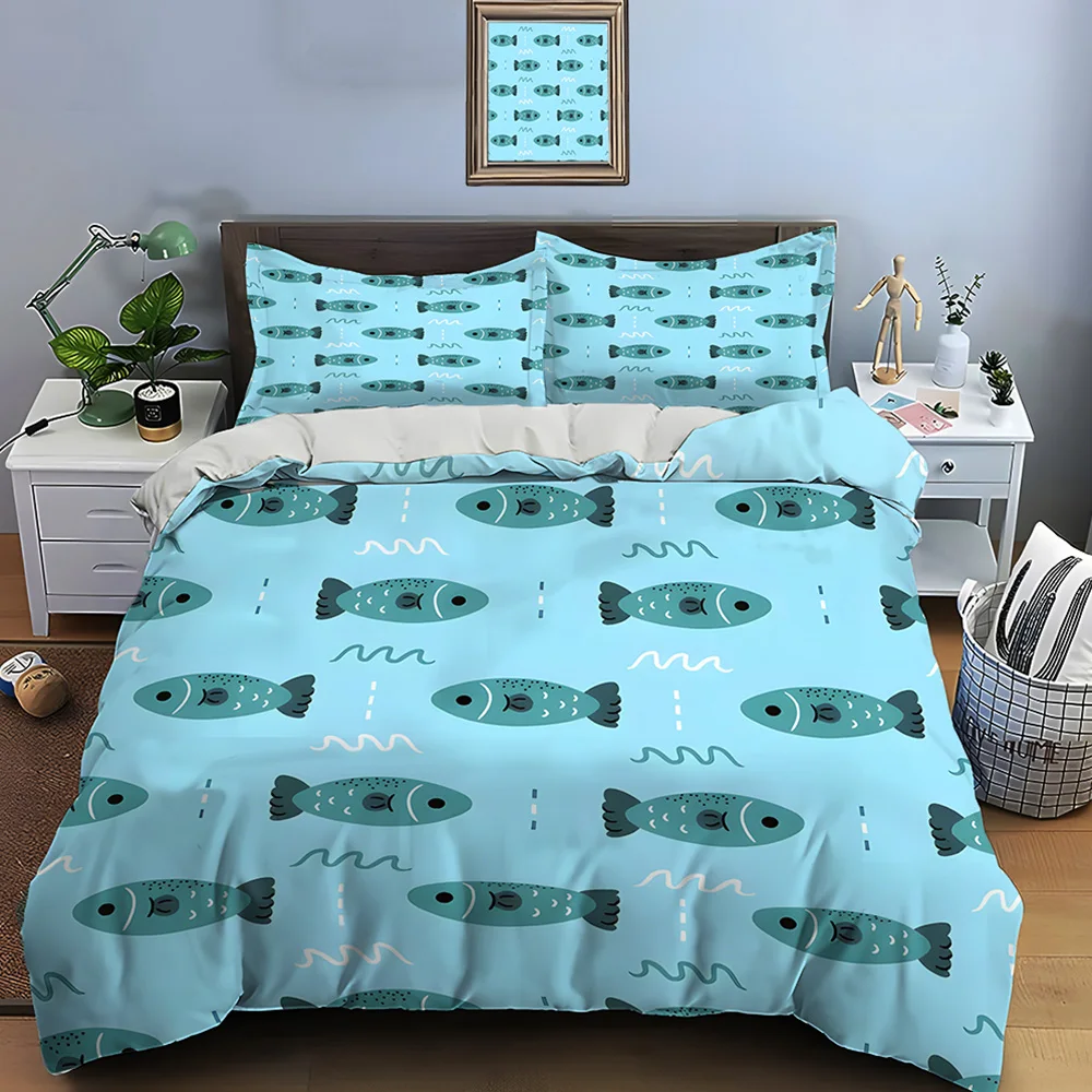Cartoon fish pattern on blue background Bedding Set 1 Duvet Cover 2 Pillowcases for Adult and Children Luxury Gift Full Size