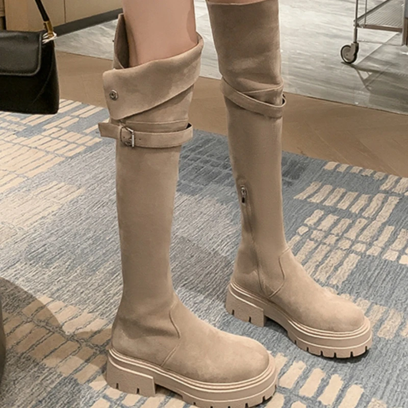 

Women Mid Heels Over The Knee Suede Chelsea Boots New Platform Designer Luxury Shoes Goth Brand Walking Gladiator Mujer Botas