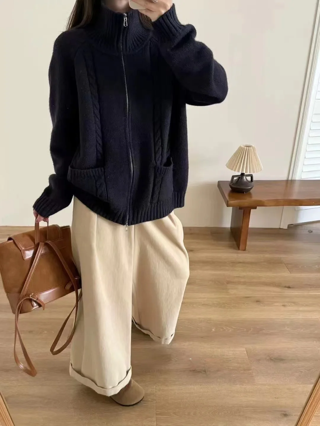 เสื้อไหมพรมถักสองชั้นแบบซิป คอสูง สไตล์เกาหลี สำหรับฤดูใบไม้ร่วงและฤดูหนาว สีพื้น เสื้อคลุมไหมพรมถัก