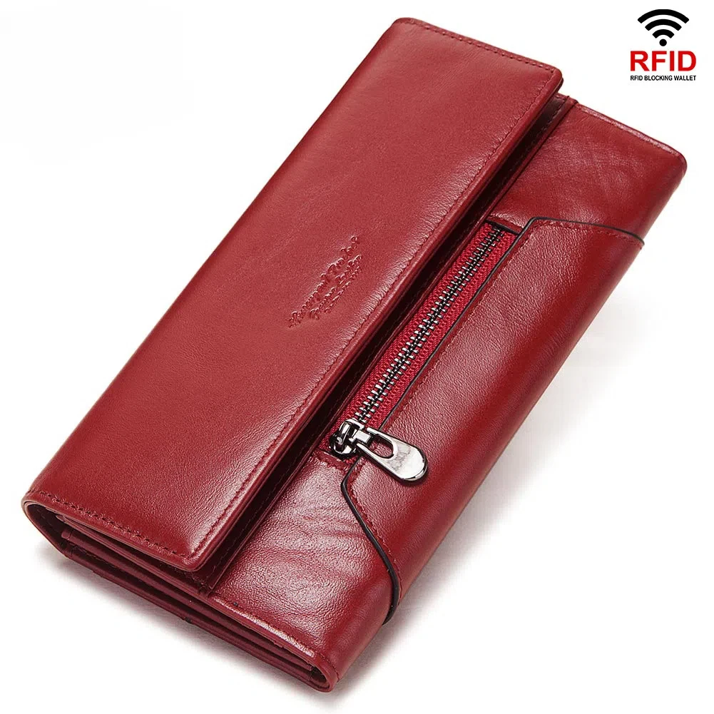 Genuine leather women's wallet, long cowhide clutch, multi-card coin bag, RFID anti-magnetic ladies wallet