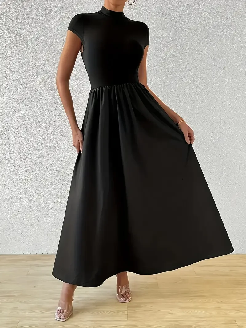 Gaun Leher Kru Warna Solid Komuter Kasual Wanita Ukuran Besar 1XL-5XL Gaun Flare Pas Elegan Lengan Pendek Wanita Gaun Panjang