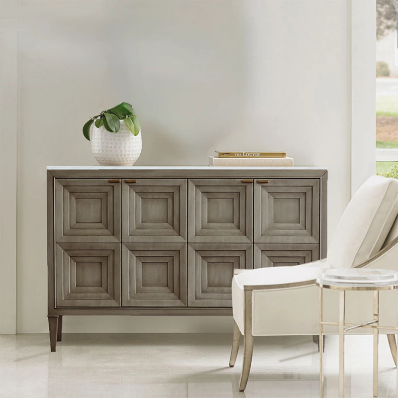 

Solid Wood Entrance Cabinet Modern Shoe Cabinet Retro Living Room Marble Top Decorative Locker
