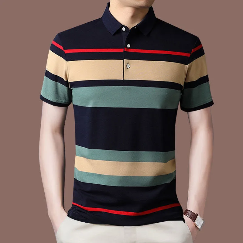 Fashion Men Summer New Striped Polo Shirts Short Sleeve Button Knit Lapel Pullover Business Casual Men\'s Loose Clothing Top 2022