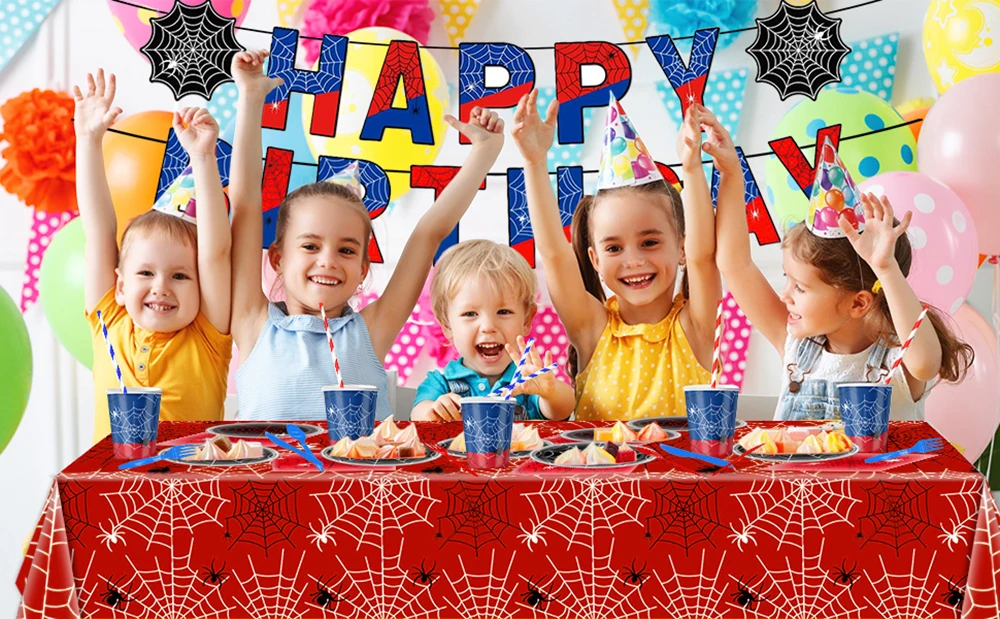 Spinnenpartyzubehör, rotes und blaues Spinnennetz, Geburtstagsbanner, Pappteller, Servietten, Tischdecke für Partydekorationen mit Spinnenmotiv – Detail 14