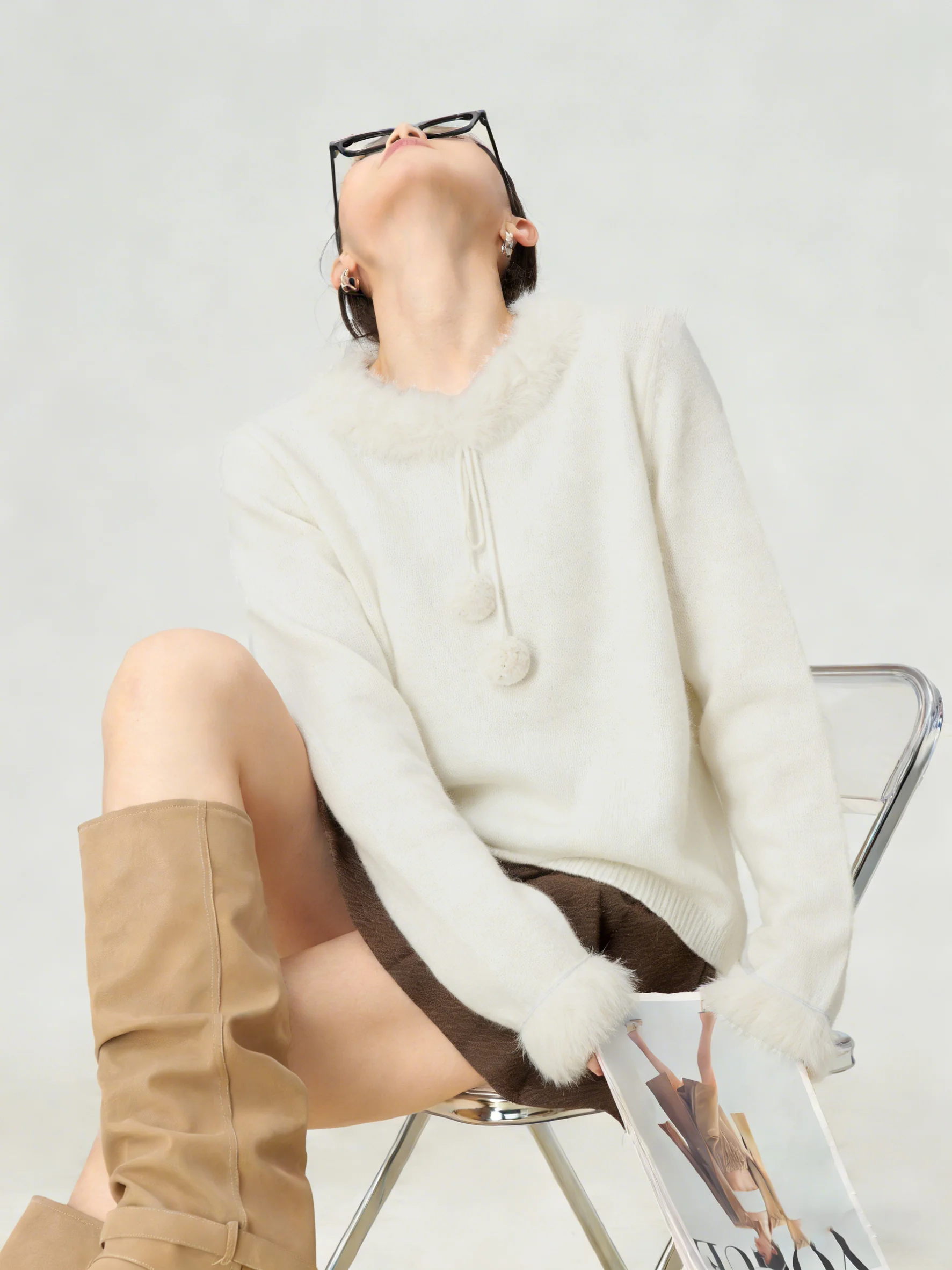 

White round Ne Knitted Sweater Women's Faion Spring New Unique Beautiful Design Sense Top Retro Sle Loose Fit Casual