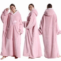 Extra Long Wearable Blankets Winter Flannel Hooded Blanket with Full Sleeves Men Women Cozy Soft Throw Adult TV Blanket 3