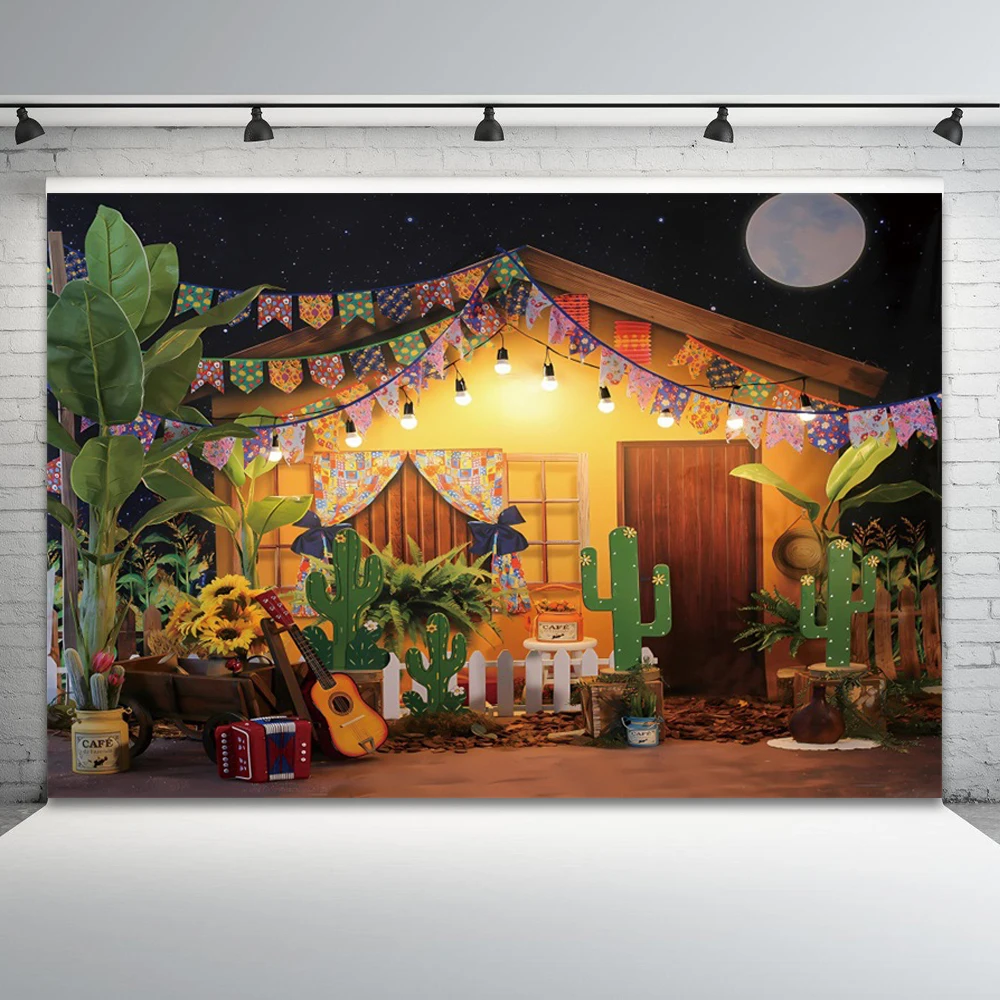 Laeacco Mexican Fiesta Theme Photography Backdrop Rustic Wood House Cactus Carnival Party Decor Baby Shower Birthday Background