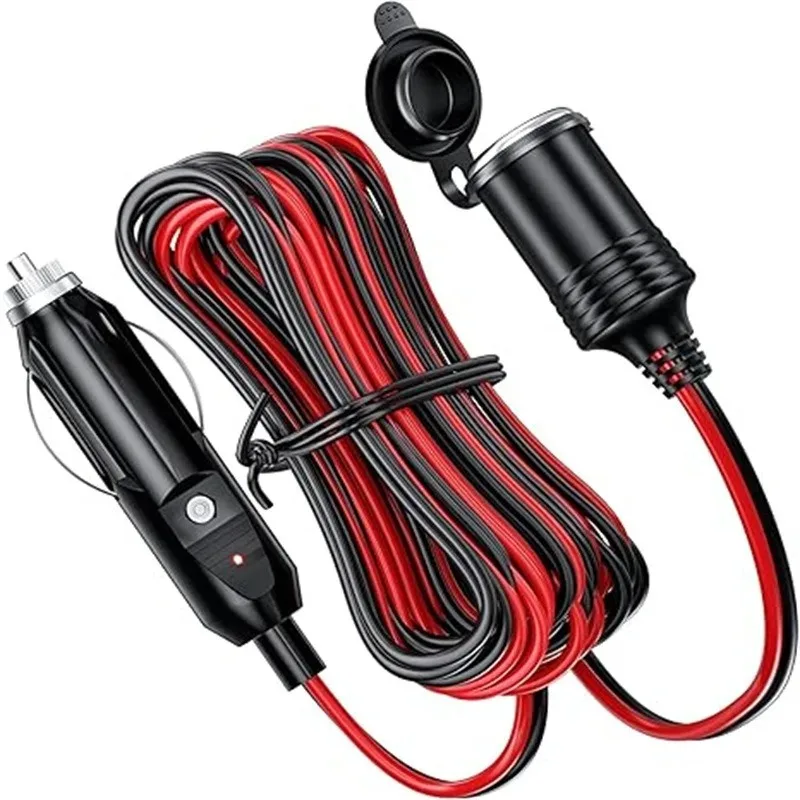 12AWG Car Cigarette Lighter Extension Cable Male Plug to Female Socket Charger Lead with LED Light/Dust Cover for RV Motorcycle