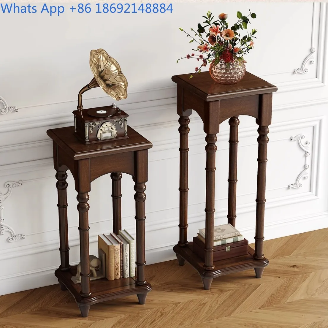 Solid Wood Plant Stand Rustic Style Living Room Storage Rack for Small Spaces Home Use Minimalist Design Mahogany Finish