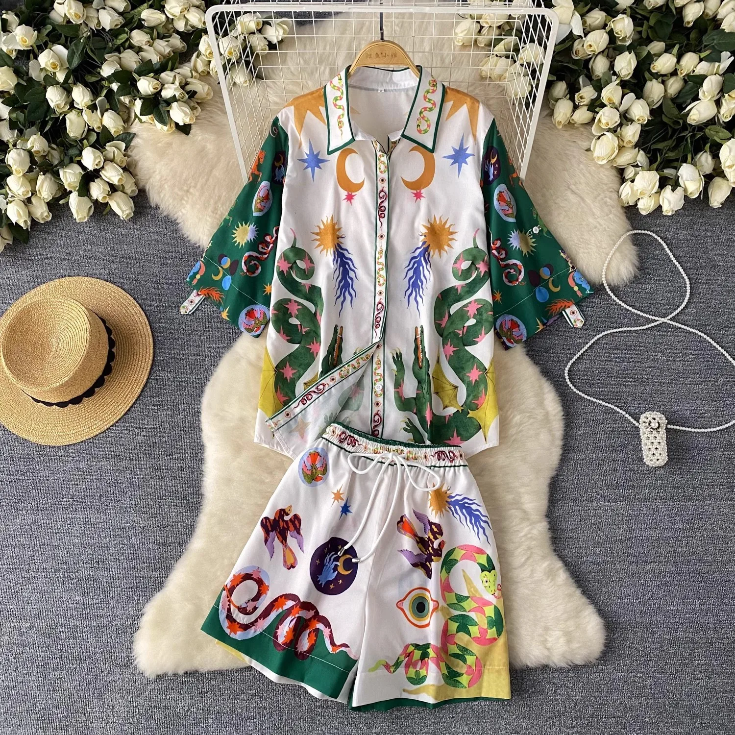 Mid-Length Shirt Shorts Suit Printed Loose Shirt + High Waist Wide Leg Casual Shorts Summer Print Two-Piece Set