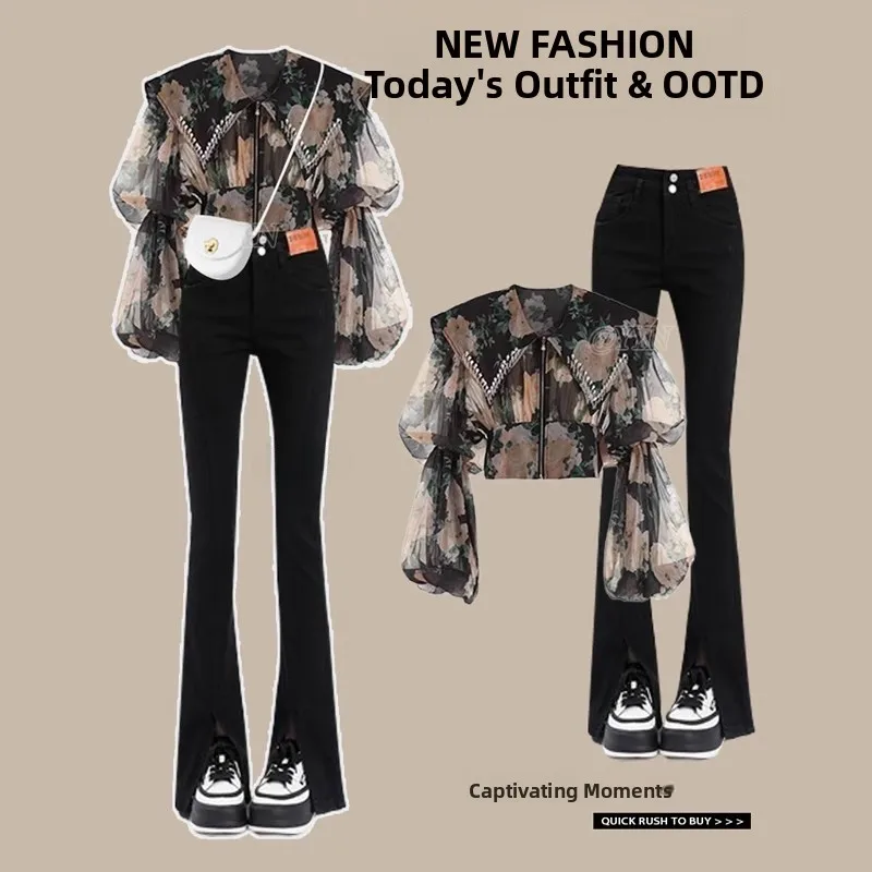 

Retro Floral Print Turn-down Collar irt Women's Slim Fit Denim Set Casual Sle Long Sve Bubble Sve Casual irt