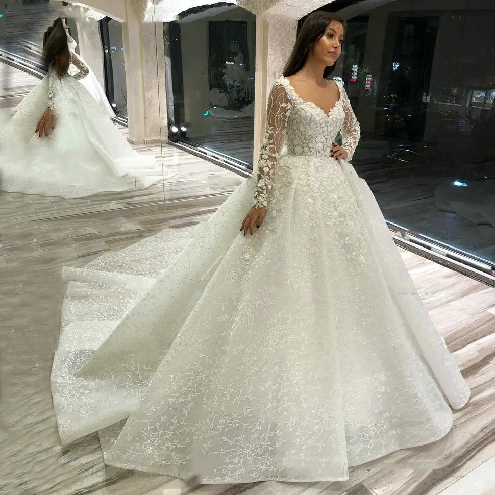 

Gorgeous white wedding dress with square collar long sleeve lace applique beaded pearl floor-length bridal gown for women