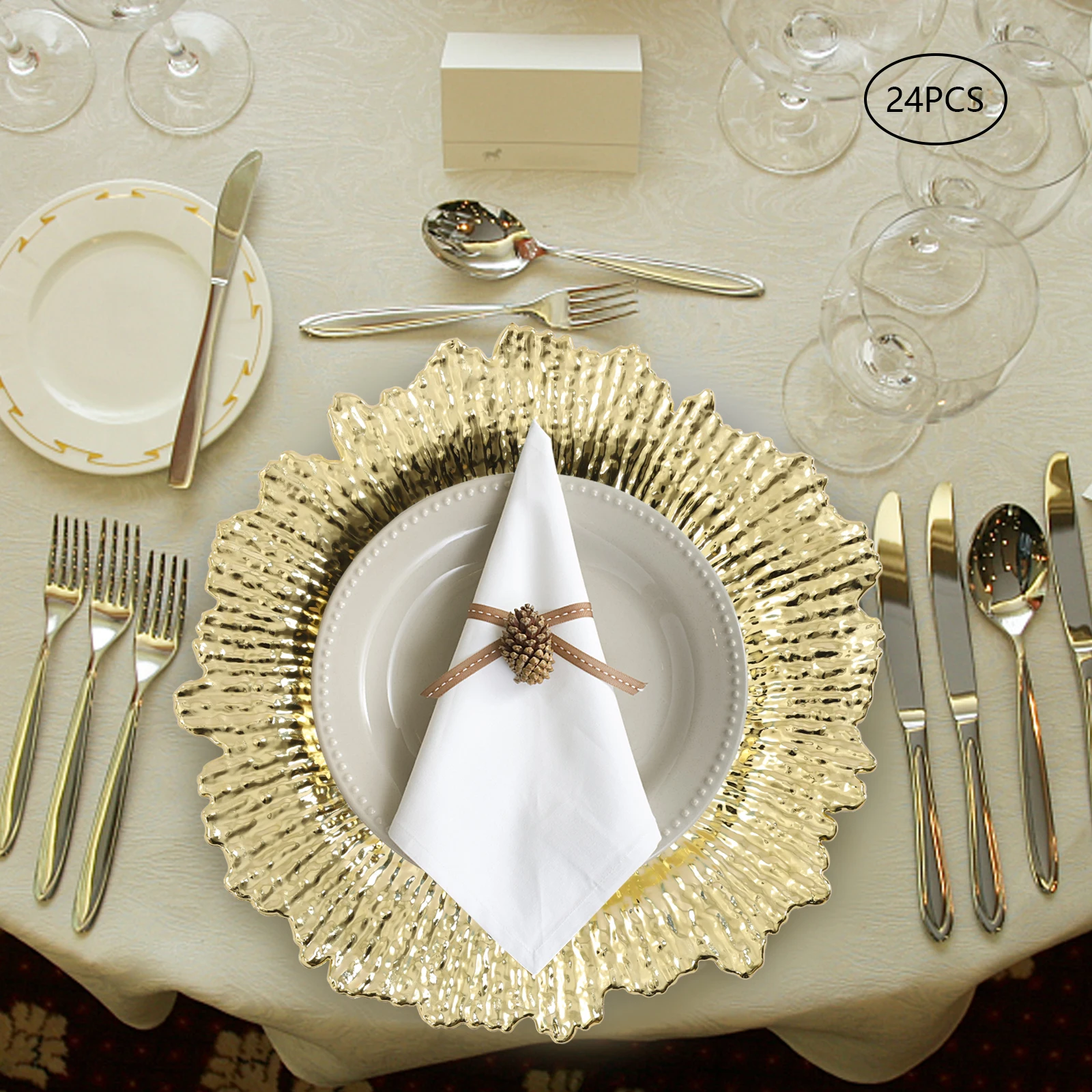 

24 Pack Charger Plates, 13" Round Plastic Reef Plate Chargers with Flora Reef Design for Wedding Dinner Party Decoration