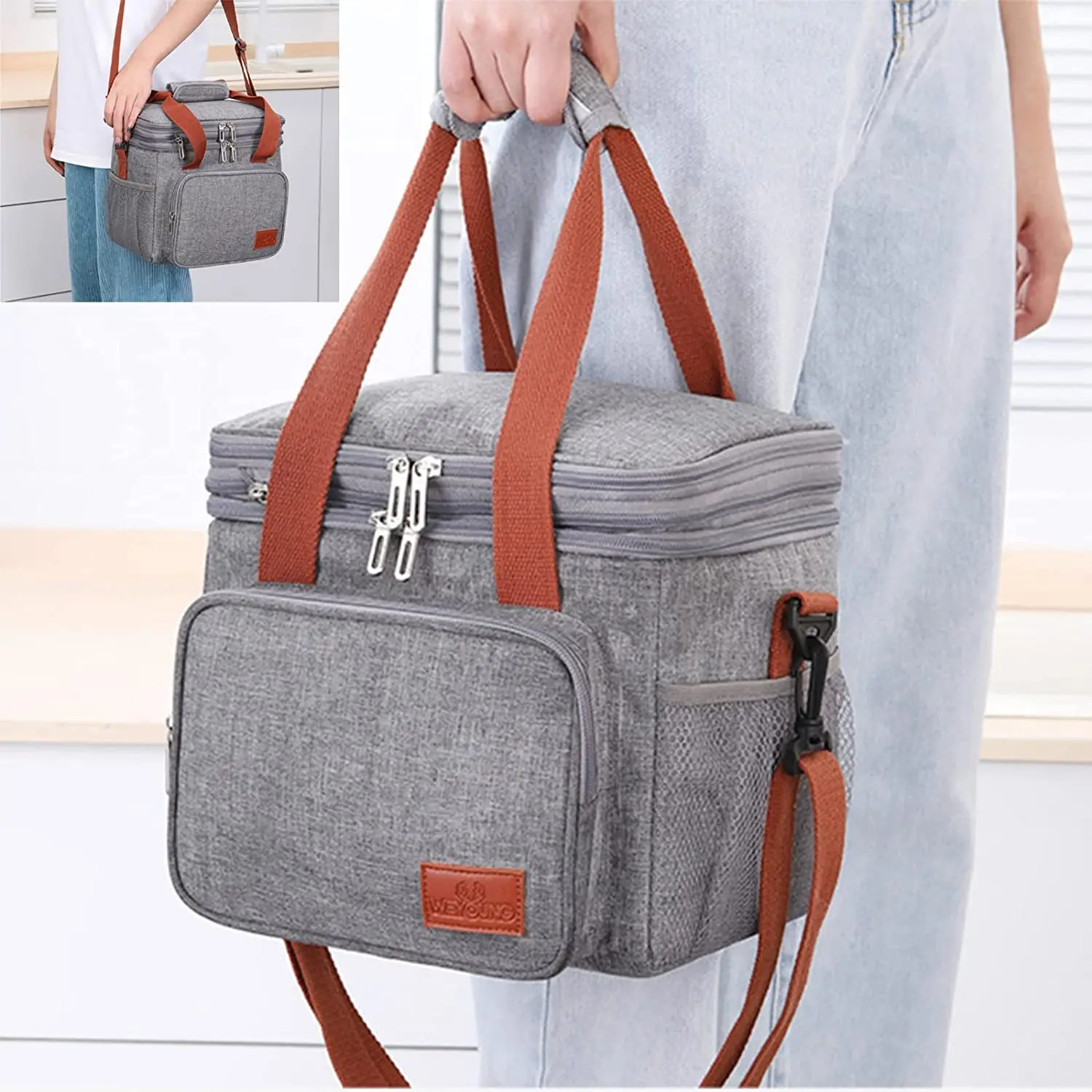 Double Deck Lunch Bag Insulated Bento Lunch Bags Women Men Portable Tote Leakproof Soft Food Cooler Bags for Work Travel Picnic