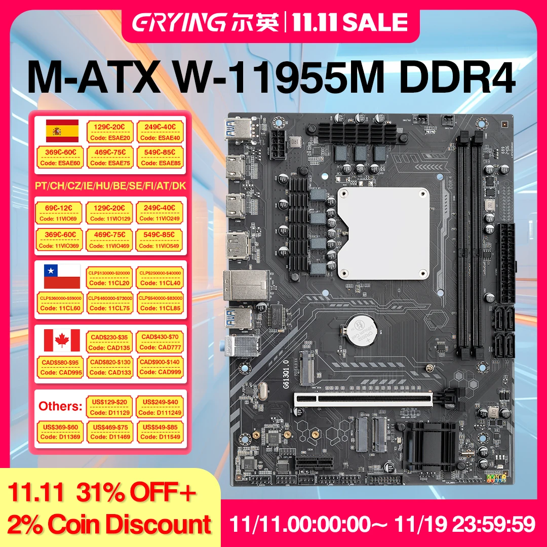 ERYING M-ATX Kit Xeon W 11955M CPU اللوحة الأم كومبو 2.6 جيجا هرتز 8C16T معالج LGA1151 DDR4 RAM NVME/M2 لتقوم بها بنفسك ألعاب الكمبيوتر placa Mama