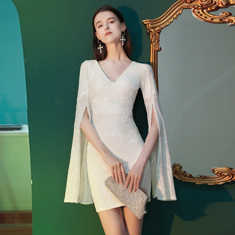 Banquet Evening Dresses Women Summer 2025 Elegant Celebrity Shiny Sequins Sexy V-Neck Long Sleeve Slim Temperament fashion Dress