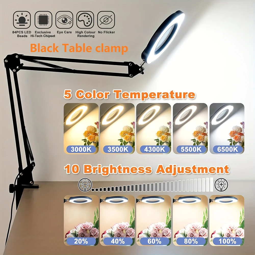 Obrázek 4: 15X zvětšovací sklo s 84LED lehký, 5barvy barva režimech stmívatelné, 2-in-1 s báze topologického prostoru a c-clamps, LED lupa, ručičky volný pro řemeslo
