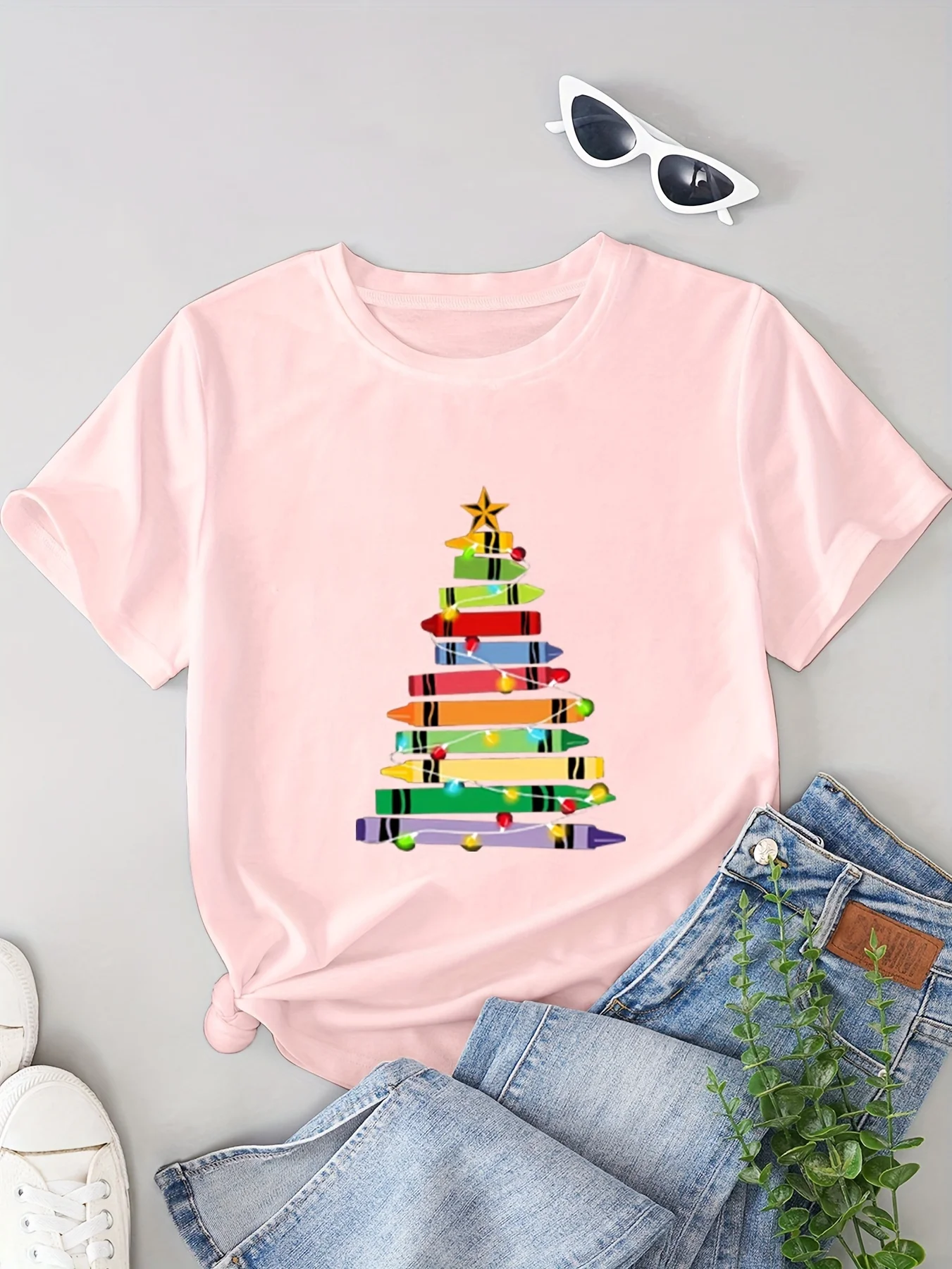 تي شيرت بأكمام للنساء كاجوال برقبة دائرية وشجرة تلوين عيد الميلاد الخفيفة هدية للمعلم جرافيك هاراجوكو بأكمام قصيرة كاجوال #4