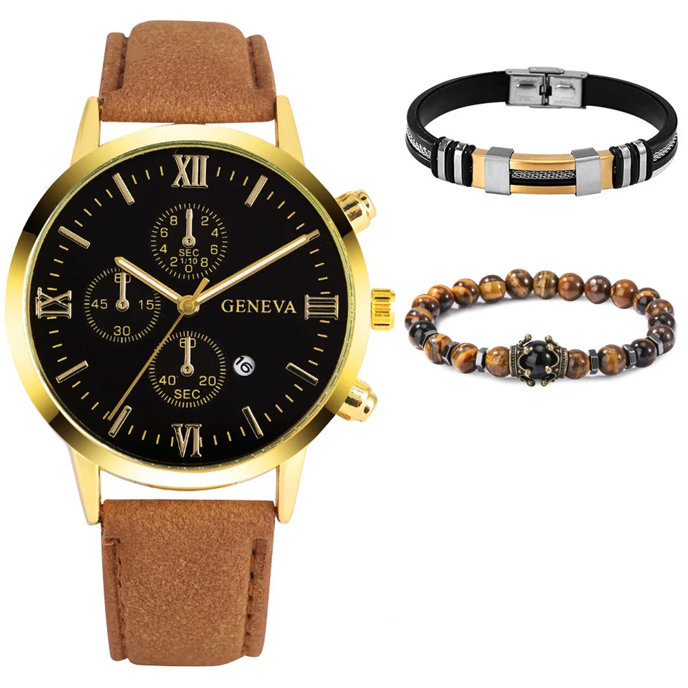 Conjunto de pulsera de reloj de acero inoxidable para hombre, conjunto de pulsera de reloj de correa informal, regalo de cumpleaños de Festival de