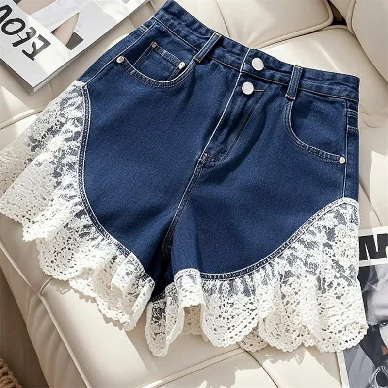 Zomer Hoge Taille Jeans Korte Dubbele Zakken Kant Patchwork Denim Broek Vrouwen Losse Wijde Pijpen Cowboy Shorts Nieuwe 304A