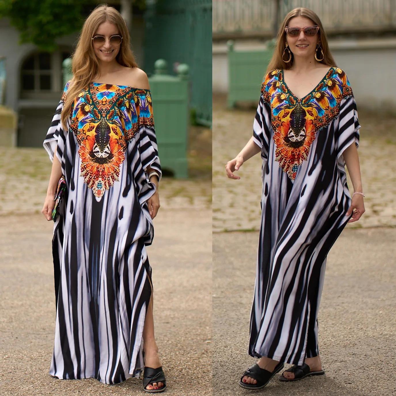 Vestido de praia de verão para mulheres, estilo boho, encobrimento, aconchegante, malha à mão, decote em v, manga de morcego, kaftan