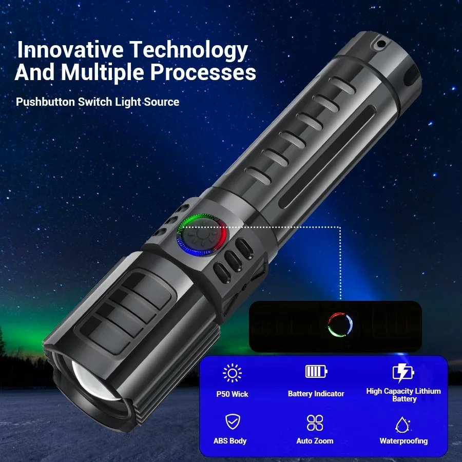 LED Strong Light Flashlight Telescopic Zoom USB Charging Compact Portable Focused Long-range Portable Household Flashlight