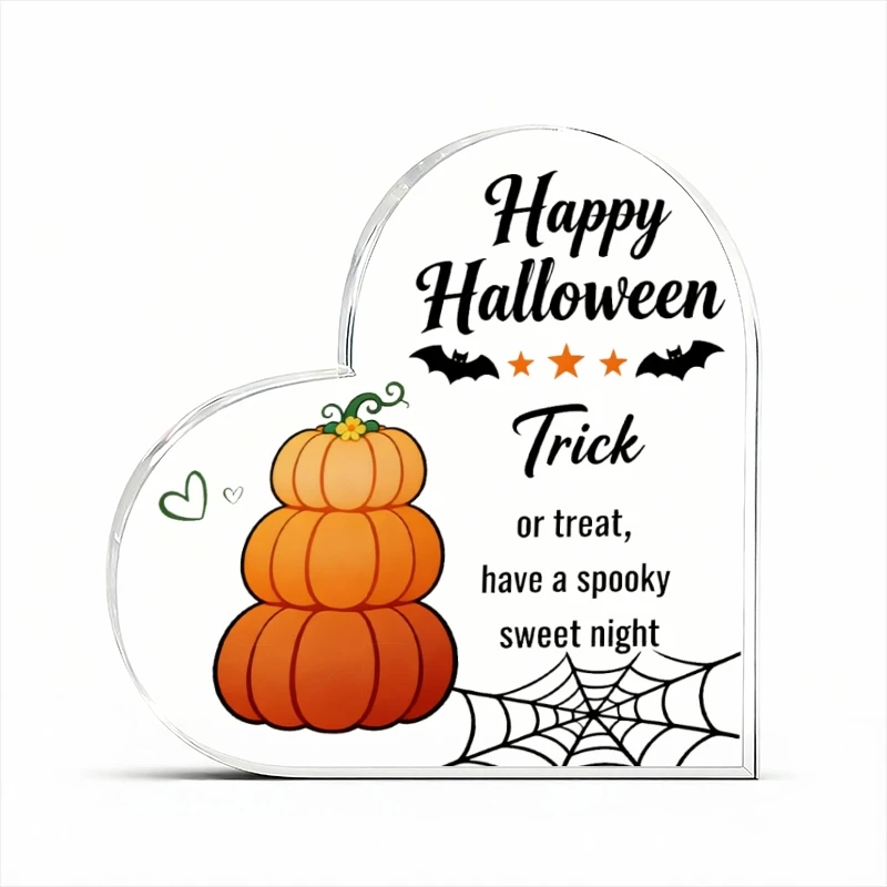Happy Halloween Trick Or Treat Stacked Pumpkin Heart‑Shaped Clear Acrylic Plaque Bat Spider Web Star Tabletop Keepsake Ornament Desk Shelf Halloween Party Home Decor Gift