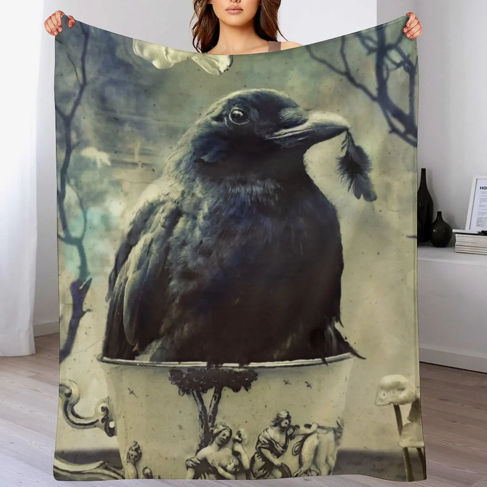 

Gifts From Time - Raven in Tea Cup Throw Blanket Luxury Throw Retros Designers Decorative Sofas Blankets