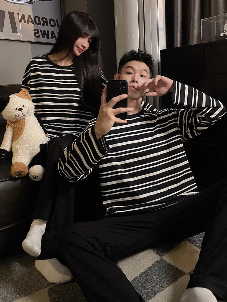 

DAIMELU sleepwear set couple pajamas women's spring and autumn pure cotton long-sleeved simple striped men's loungewear suit