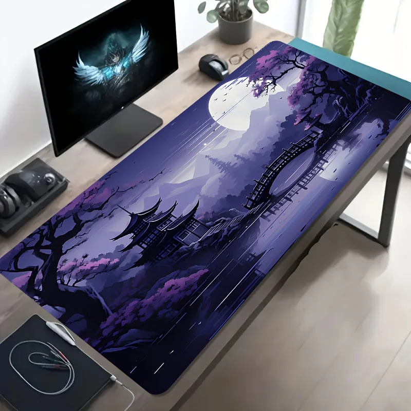 Purple Moonlit Pagoda Bridge Oversized Gaming Mouse Pad Non-Slip Rubber Desk Mat