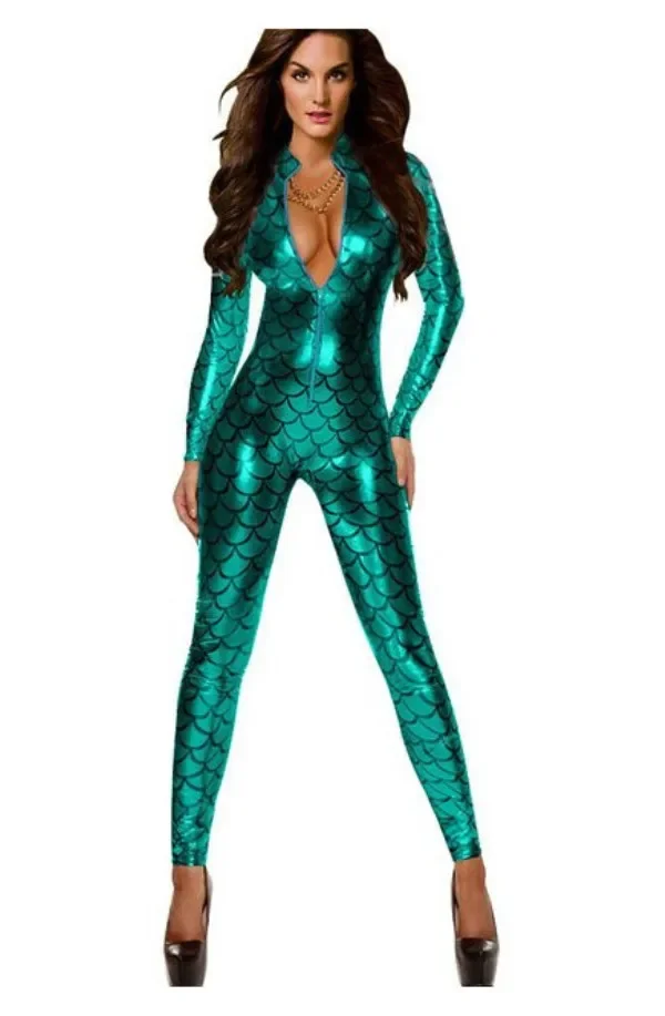 Women Sexy Printed Fish Scale Patent Leather Bodysuit Long Sleeve Zipper Skinny Bodycon Jumpsuit Teddy Lingerie Catsuit