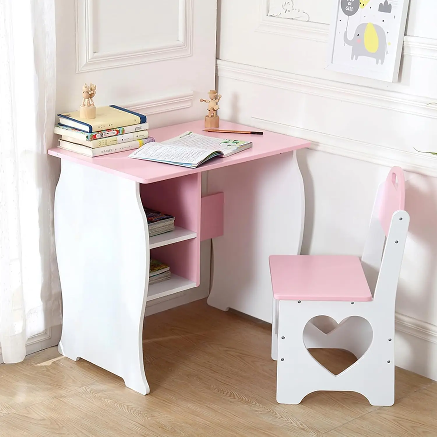 

Kids Desk and Chair Set Children Study Desk with Storage Shelf Wooden School Study Table Writing Table for Home School Use