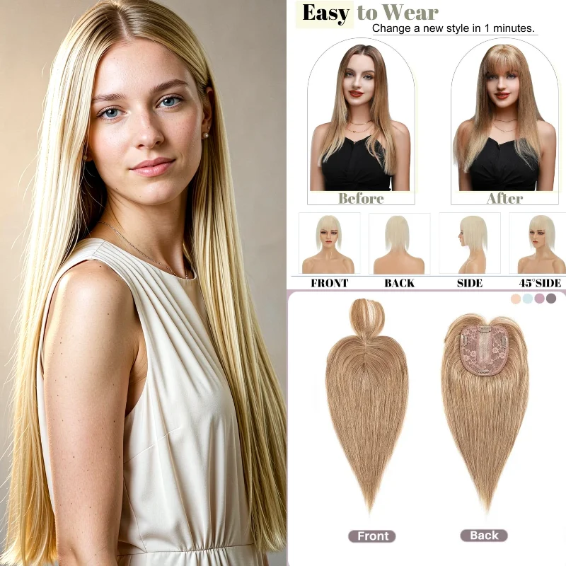 Lace Mechanism Topper 100% Human Hair Women With Bangs & Middle Part | 10x12inch 16inch Easy To Care For