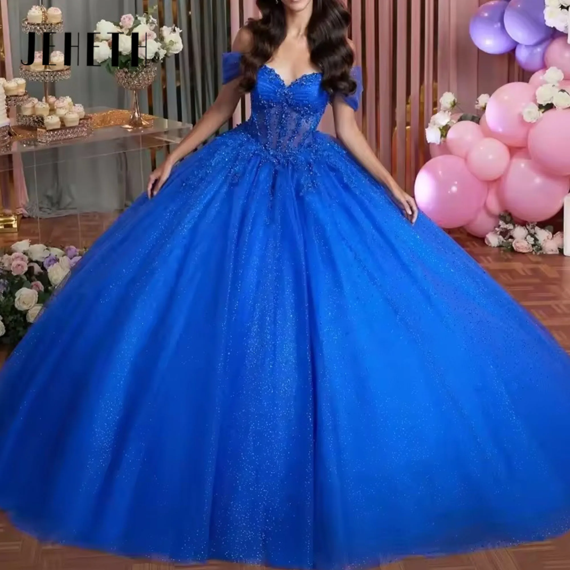 

JEHETH Glittering Royal Blue Quinceanera Dresses Off the Shoulder Birthday Princess Party Gowns Appliques Vestidos De Fiesta