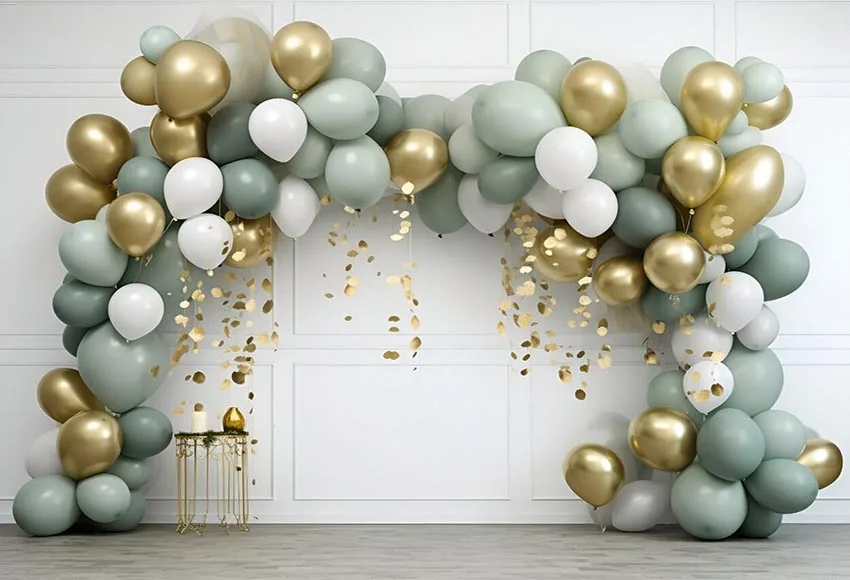 خلفية تصوير Mehofond ، غرفة بيضاء ، أخضر ، بالونات ذهبية ، حفلة عيد ميلاد ، زفاف ، ديكور بورتريه ، خلفية ، استوديو تصوير ، بالغ