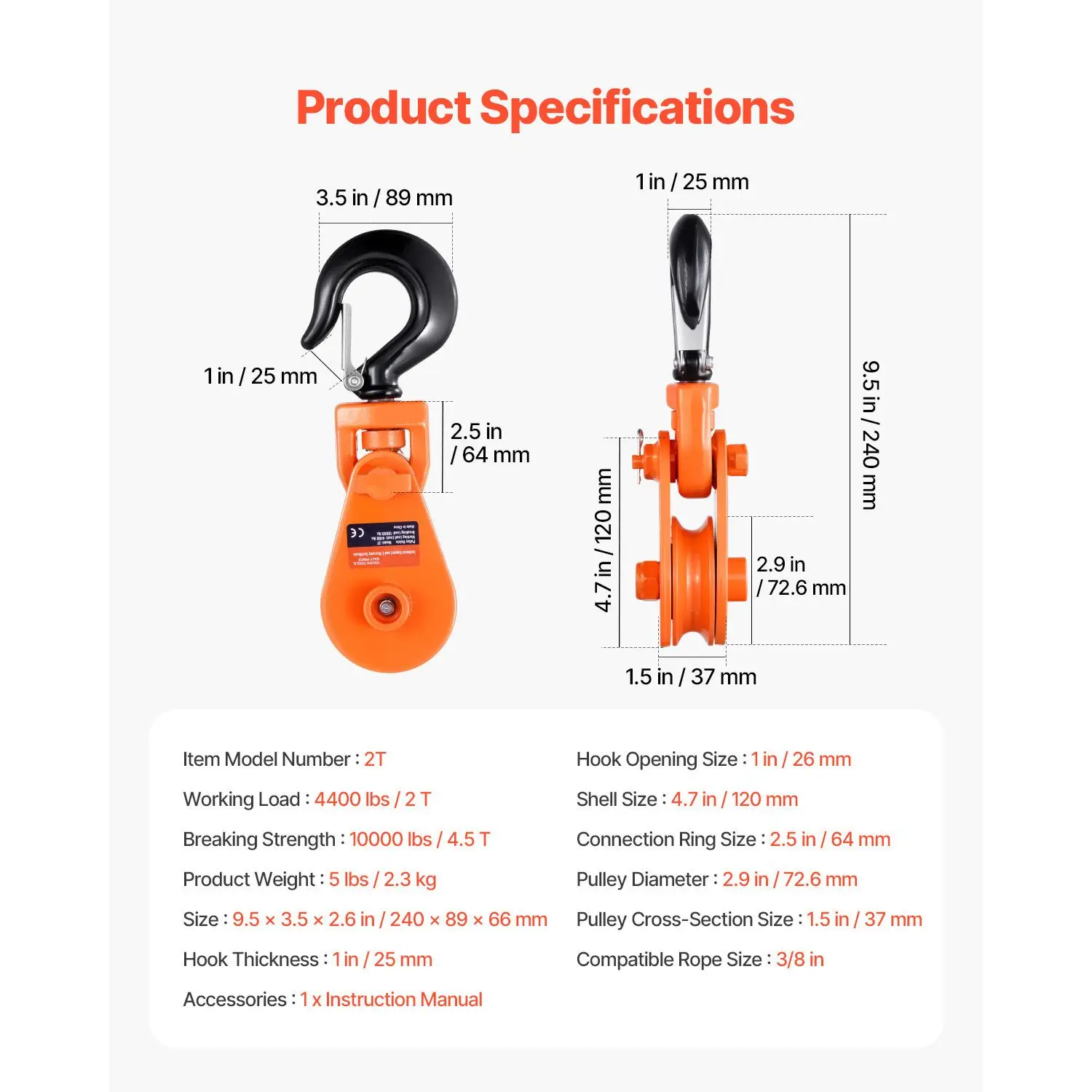 2 Ton Snatch Block with Swivel Hook, 3