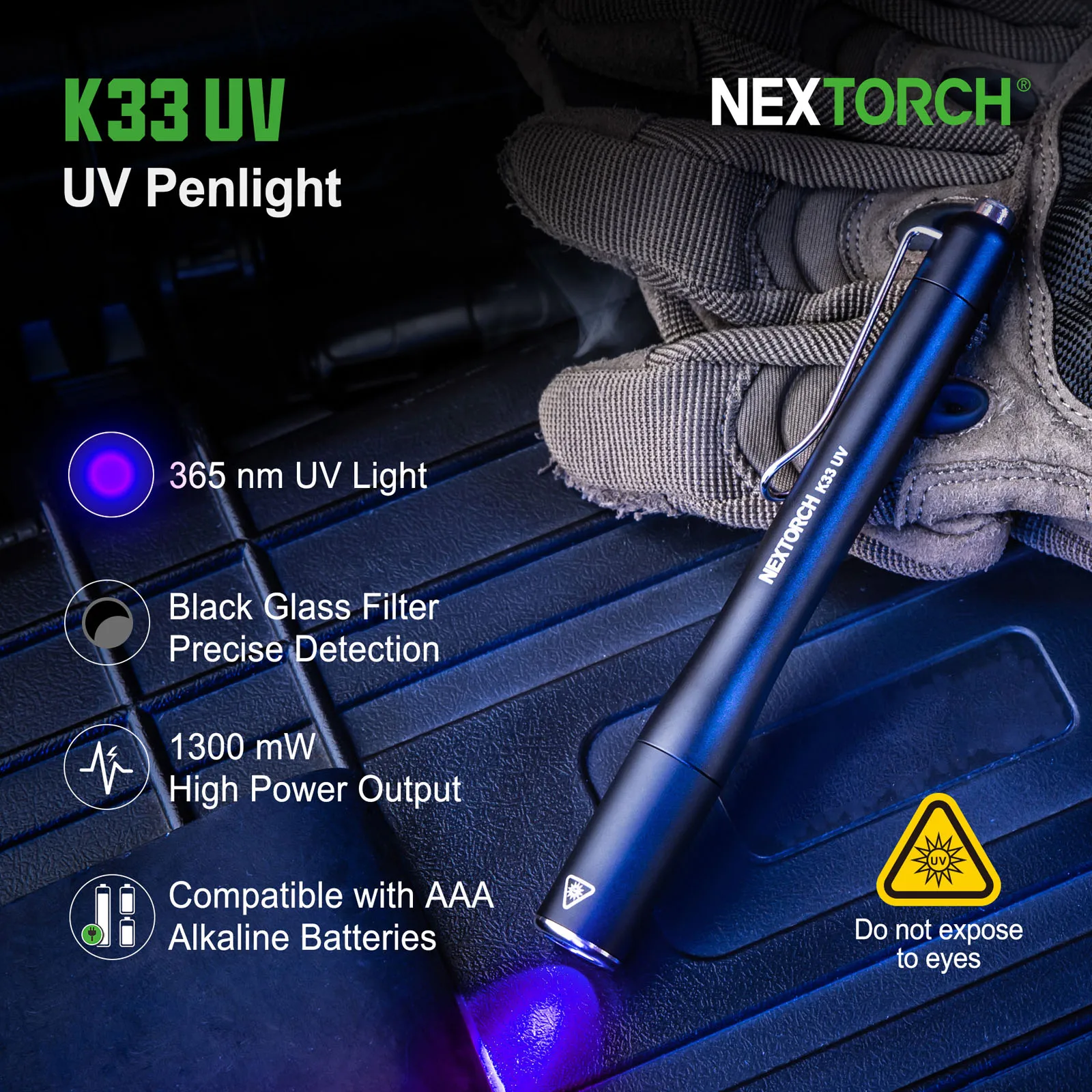 NEXTORCH K33 UV Rechargeable LED UV light flashlight, 365 nm UV portable penlight, 1300 mW high power Professional UV Torch