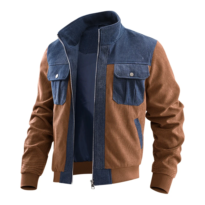 

Мужская повседневная модная куртка-пэчворк Весна 2026 с воротником-стойкой, молодежная верхняя одежда из полиэстера, приталенный крой, длинный рукав, ветрозащитная