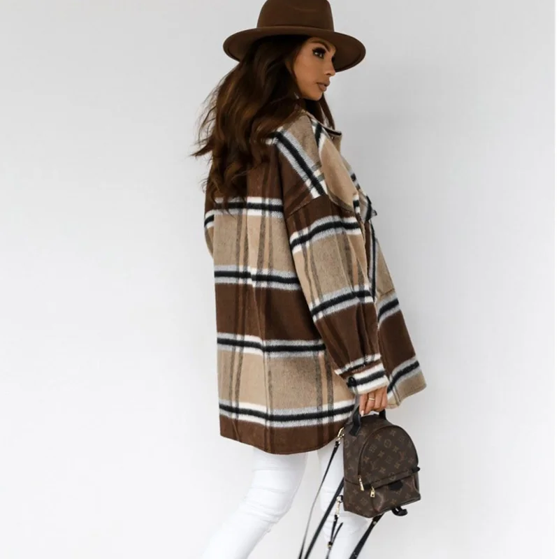  New Autumn Winter Fashion Neutral Style Outwear Streetwear Vintage Plaid Jacket Women Loose Long Sleeve Warm Oversized Coat