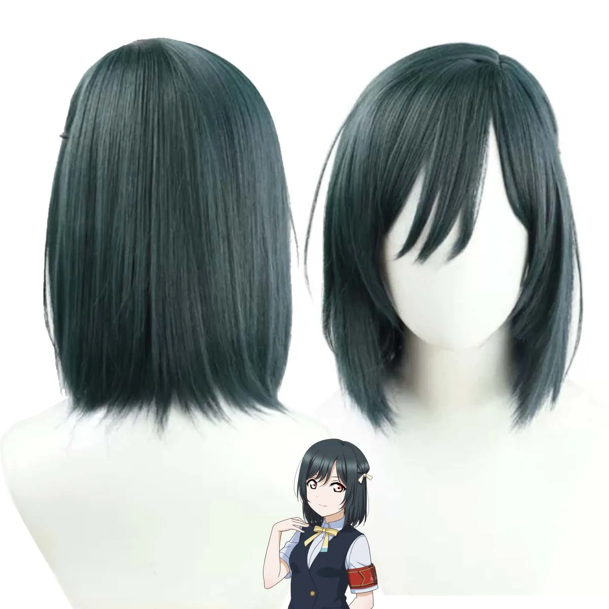Frauen Anime LoveLive Mifune Shioriko Kurze dunkelgrüne Bob-Perücke aus hitzebeständigem Haar