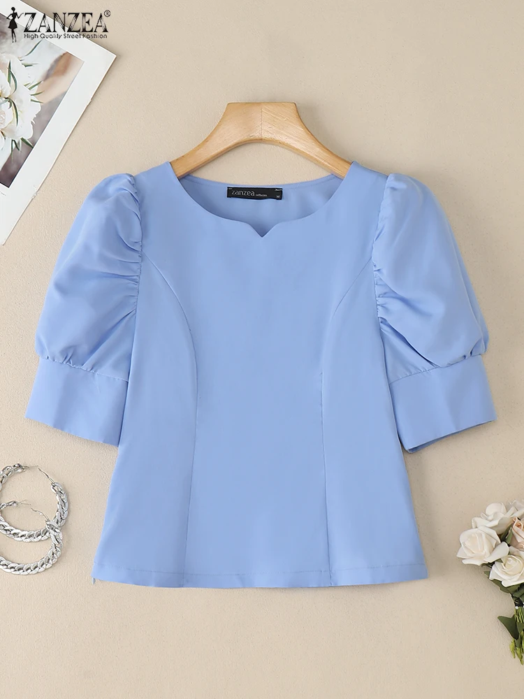 

ZANZEA женские романтические короткие блузки с вырезом в форме сердца, короткие рукава-фонарики с боковой молнией, облегающие однотонные элегантные топы 3XL