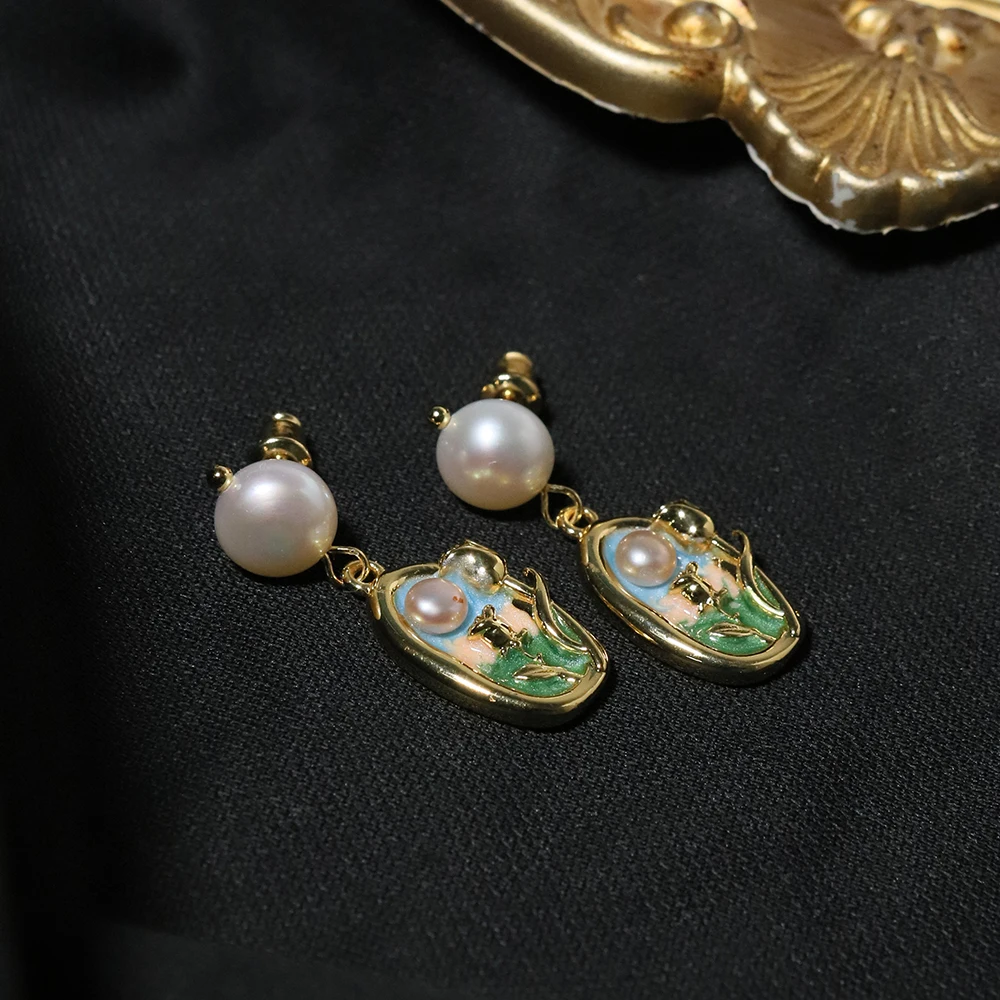 Natural Freshwater Pearl Oil Painting Style Earrings Korean Style Women Luxury Jewelry Fashion Ladies and Girls Gift GE1570