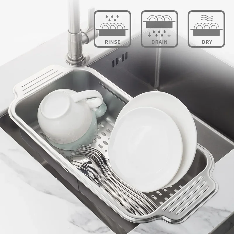 Stainless Steel Expandable Basket Retractable Dish Drying Rack Fruits Vegetables Drain Basket Kitchen Over Sink Organizer