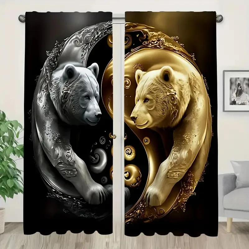 2 Panels Blackout Thermal Insulating Noise Reducing Curtains with Golden Bear Yin-Yang Symbol - Heavyweight Light Blocking Windo