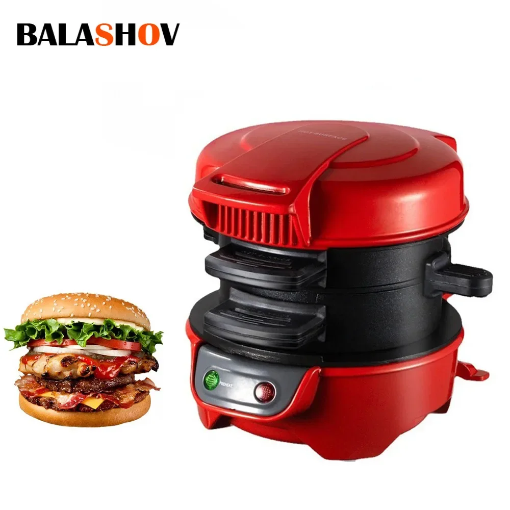 Máquina de hamburguesas para desayuno en el hogar, 220V, sándwich de Hamburgo, máquina para hacer muffins y pan, platos sin palos, máquina eléctrica para hacer hamburguesas