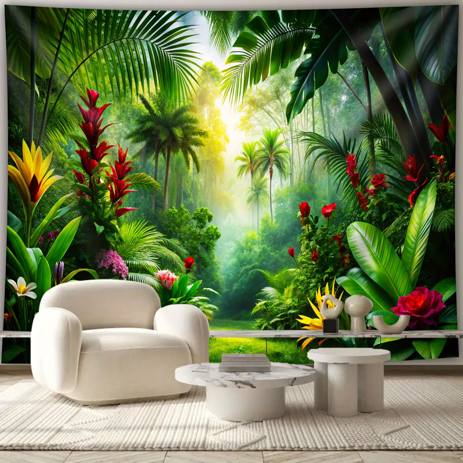 Ultra Realistic Tropical Jungle Mural Tapestry Wall Decor Wallpaper Wallpaper Print Green Rainforest Paradise Background Art Liv