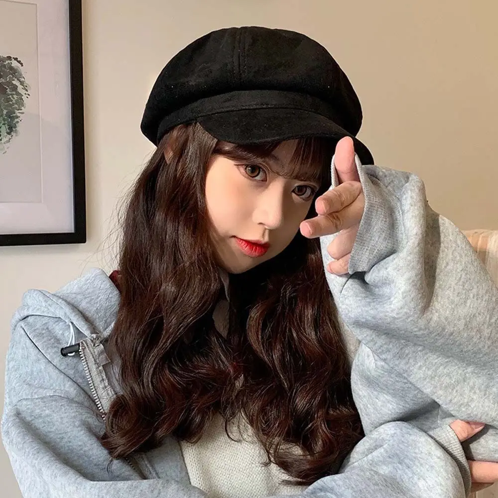 Simple Octagonal Cap Adjustable Black Red Round Metal Buckle Khaki Coffee Suede Brim Korean Style Hat Brim Beret Women Berets