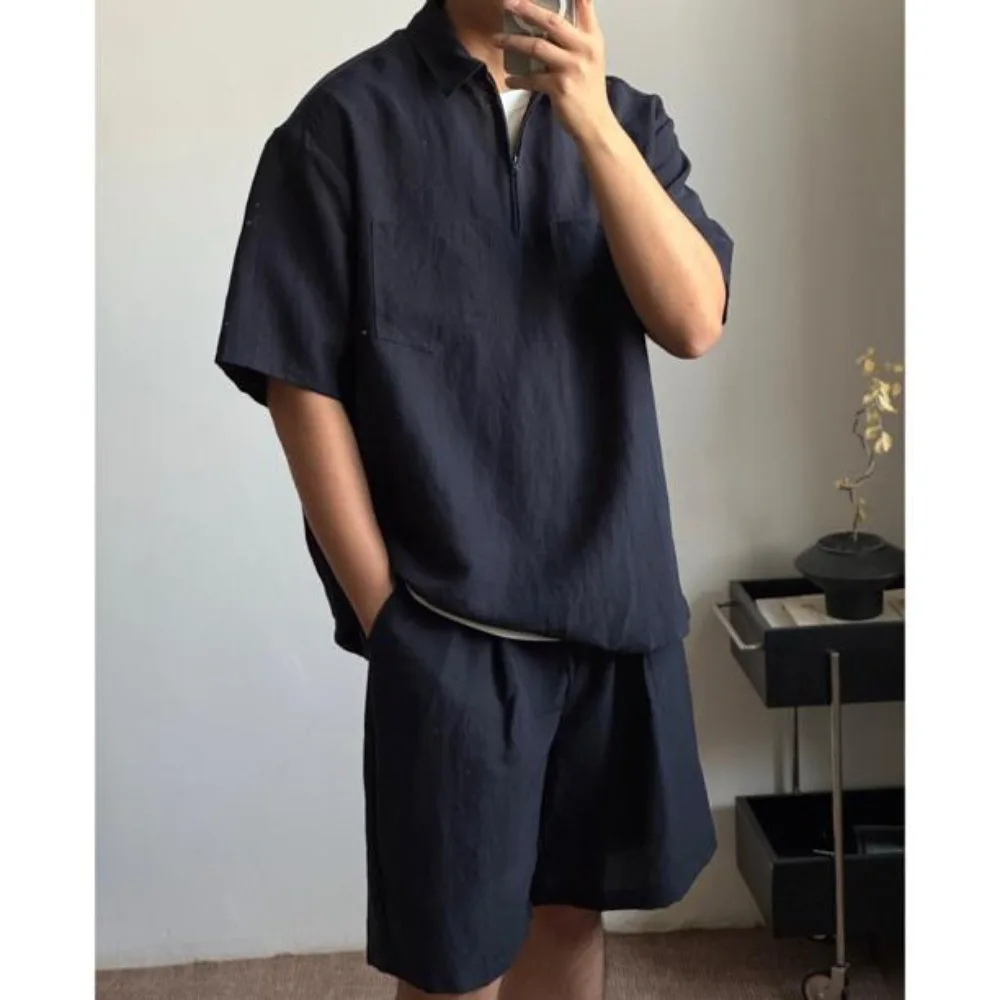 Summer Two-piece Set Linen Suit Men's Polo Short Sleeved Half Zip Shirt T-shirt Shorts Streetwear Social Vacation Men's Clothing