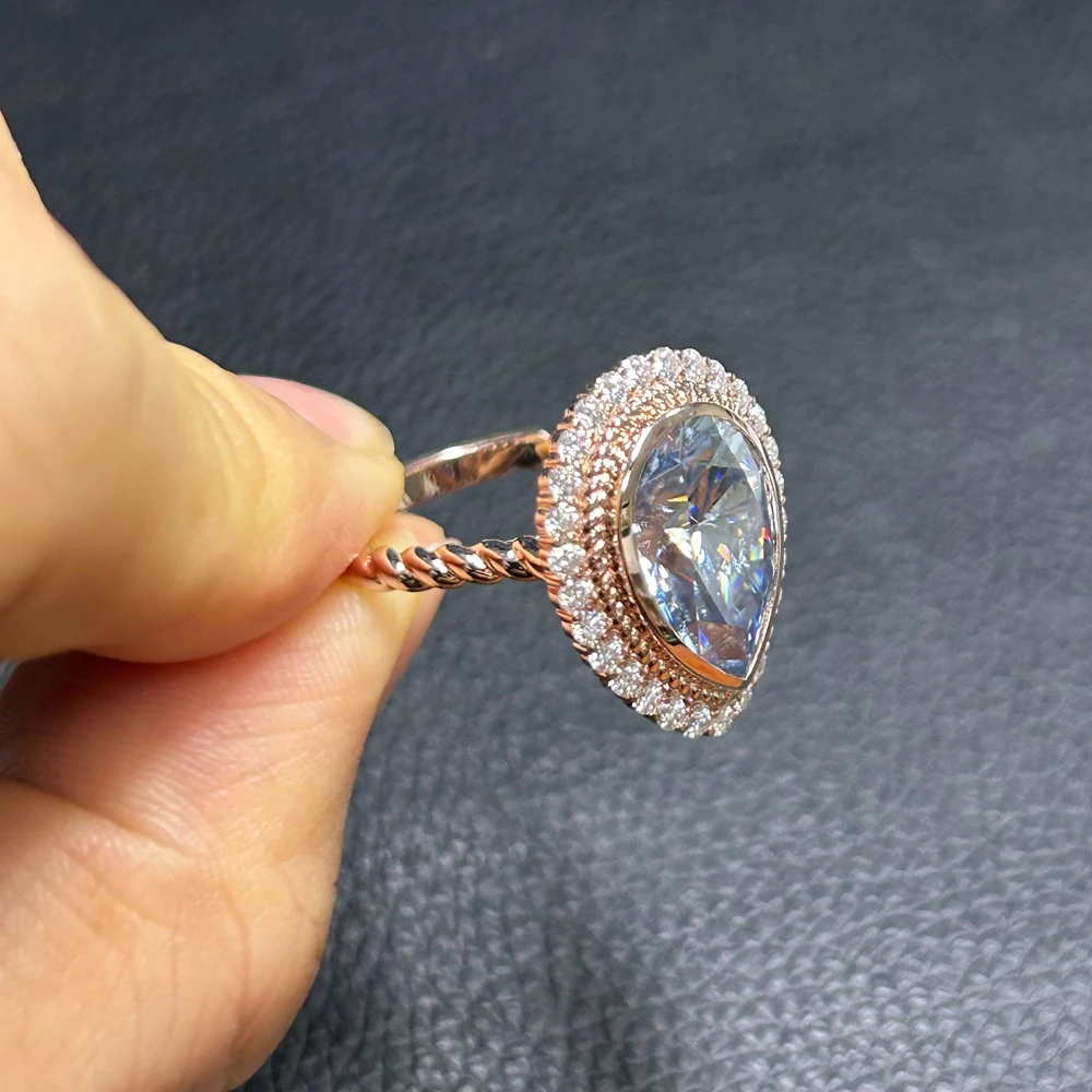 

10K Solid Rose Gold Women Ring Main Stone Pear Cut 8 Carats Blue Moissanite Diamond Rings